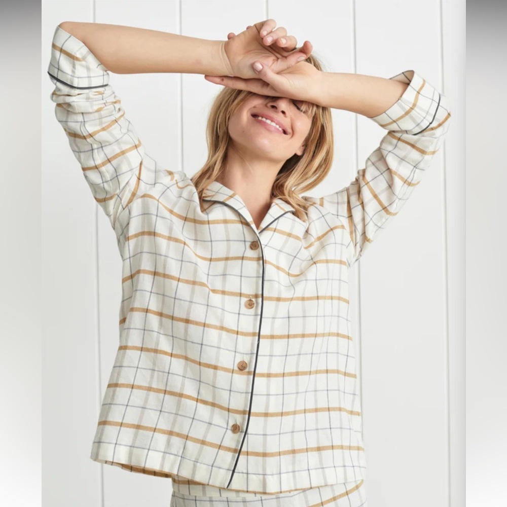 NWT‎ Jenni Kayne Flannel Pajama Top Ivory Plaid Small 100% Cotton Cozy Sleepwear